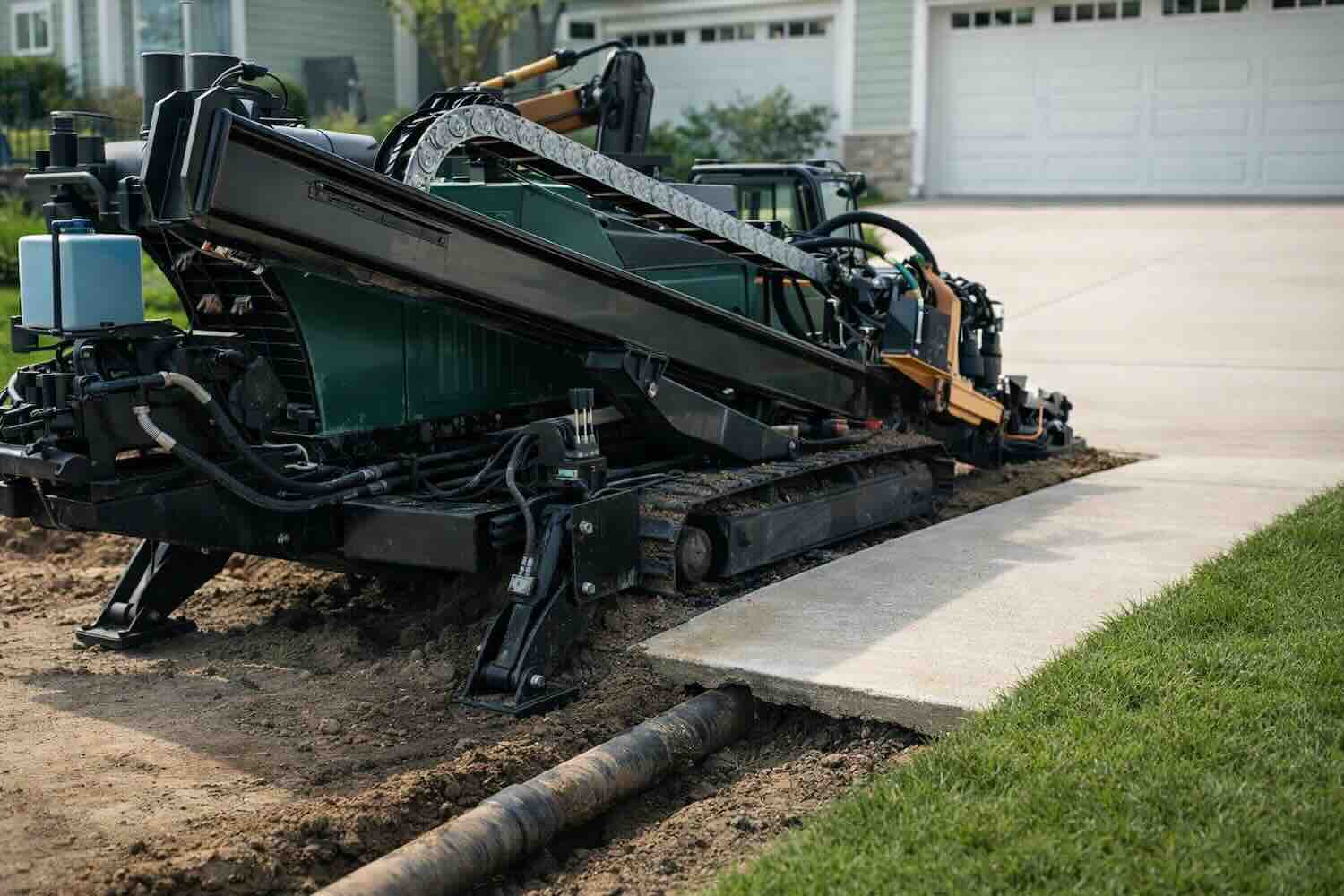 Small directional drill placing services beneath a residential driveway.